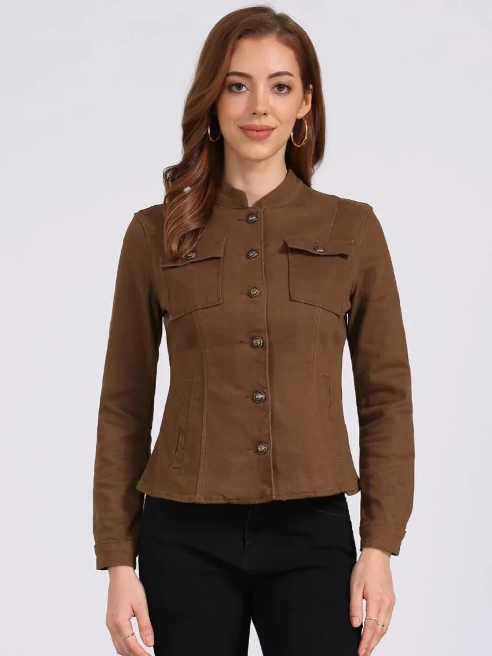 Women's Brown Classic Stand Collar Long Sleeve Denim Jackets Flap Chest Pockets